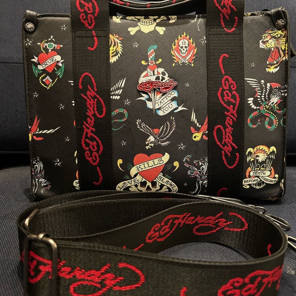 Ed Hardy Black Tote with Colorful Tattoo Designs